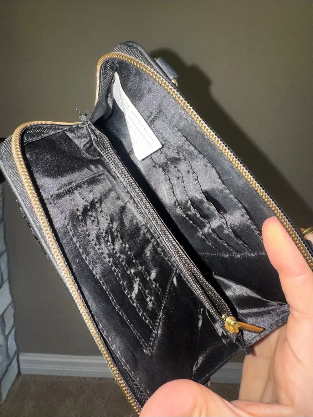 Black Crushed Velvet Wristlet Wallet Clutch Gold Tone Hardware
